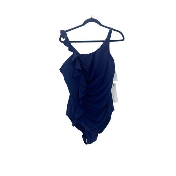 Magicsuit One-Shoulder Ruffle One Piece Swimsuit in Navy Blue Size 16 NWT - Picture 4 of 11